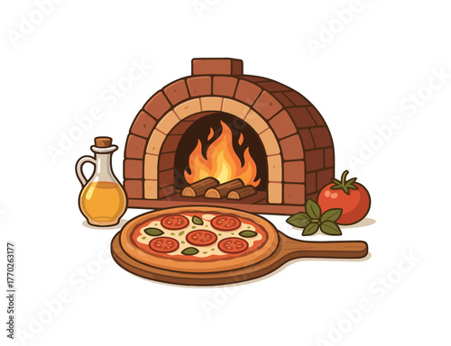 pizza oven homemade italian cooking and gourmet meals flat vector illustration style isolated on white background