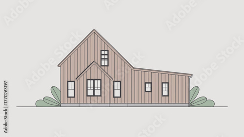 Illustration of a house with vertical siding and various sized windows on a light gray background