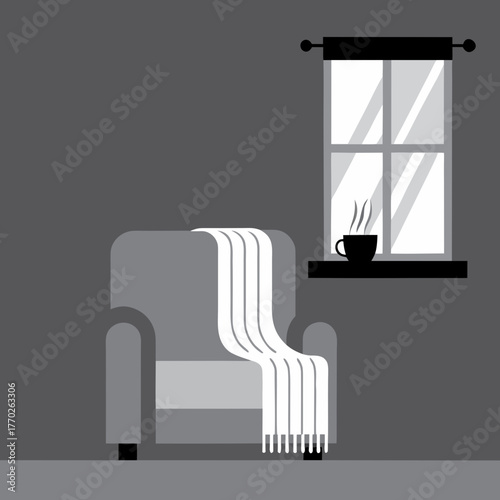Monochromatic interior with armchair, blanket and a cup of coffee by the window