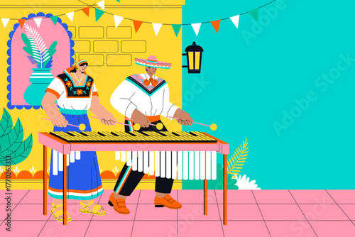 Music performance scene with marimba musicians in vibrant setting in hand-drawn flat cartoon style