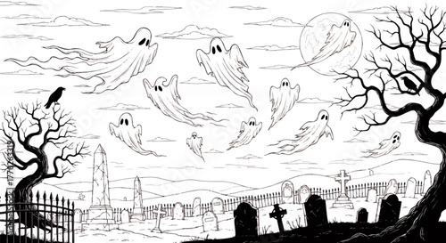 Spooky Cemetery Scene with Ghosts, Trees, and Tombstones