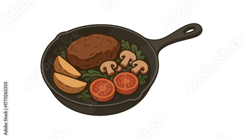 cast iron skillet rustic cooking and hearty meals flat vector illustration style isolated on white background