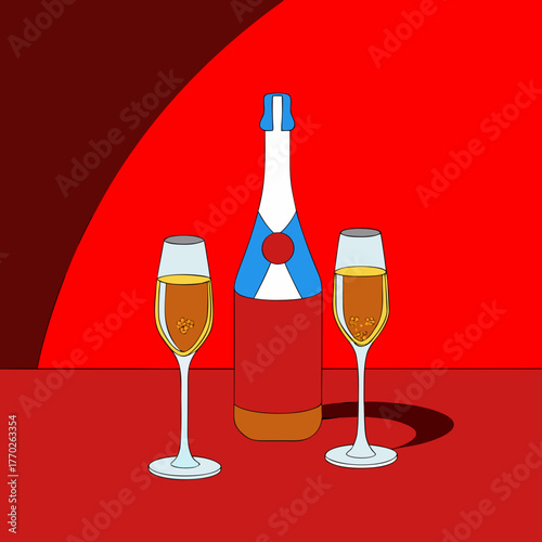 A bottle of champagne and two glasses stand on a red surface