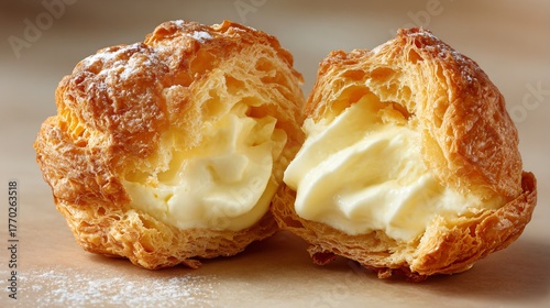 A delicious eggnog cream puff cut open with visible texture