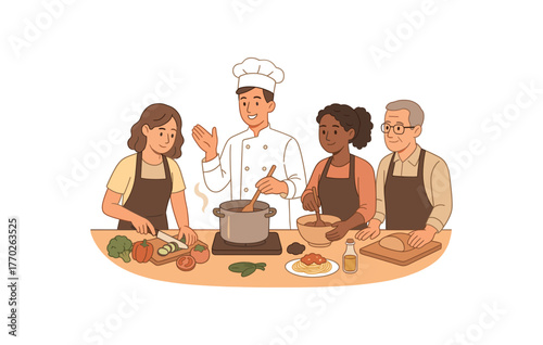 cooking class scene culinary learning and shared food experience flat vector illustration style isolated on white background