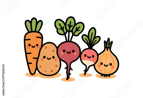 kawaii doodle illustration of root vegetables with cute smiling faces including carrot potato beet radish and onion bold black outline minimal details light orange drop shadow isolated on