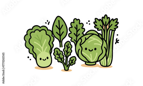 kawaii doodle illustration of leafy vegetables with cute smiling faces including lettuce spinach kale cabbage and celery bold black outline minimal details light orange drop shadow isolated