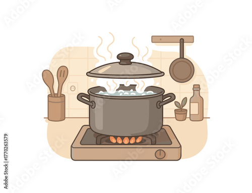 boiling pot stovetop cooking and home kitchen lifestyle flat vector illustration style isolated on white background
