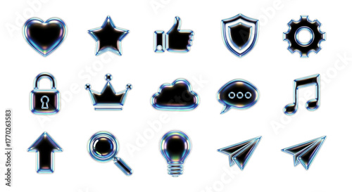 Collection of glossy blue and black icons isolated on transparent background