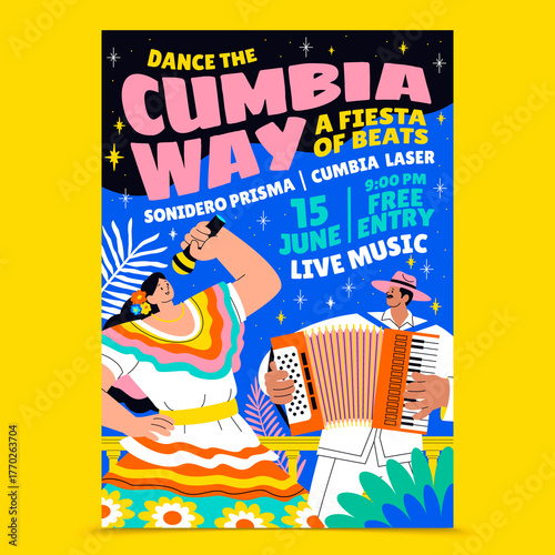 Latin music event poster with accordionist and singer on yellow background in hand-drawn flat cartoon style