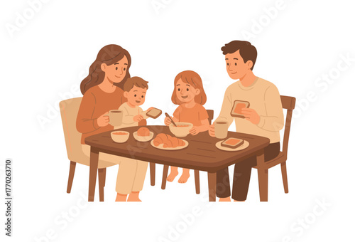 morning breakfast with kids cozy home life and family moments flat vector illustration style isolated on white background