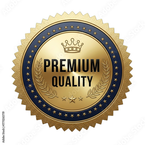 Premium quality golden badge isolated on transparent background