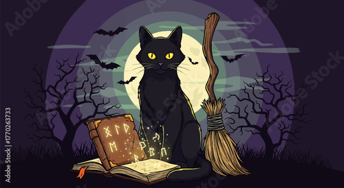Mystical Black Cat Sitting with Spellbook and Broom on a Spooky Halloween Night