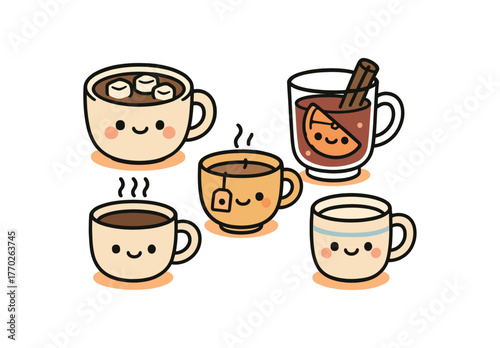 kawaii doodle illustration of winter drinks with cute smiling faces including hot chocolate tea coffee mulled wine and warm milk bold black outline minimal details light orange drop shadow