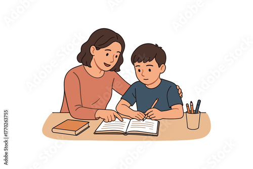 parent helping with homework daily learning support and family care flat vector illustration style isolated on white background
