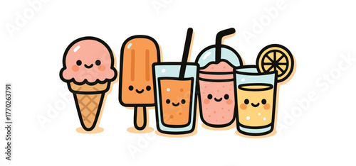 kawaii doodle illustration of summer treats with cute smiling faces including ice cream cone popsicle fruit juice smoothie and lemonade bold black outline minimal details light orange drop