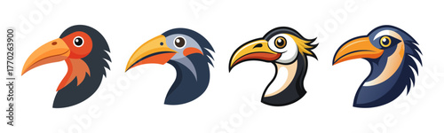 Four cartoon toucan heads with distinctive colorful beaks