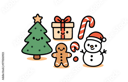 kawaii doodle illustration of Christmas items with cute smiling faces including Christmas tree gift box candy cane gingerbread and snowman bold black outline minimal details light orange