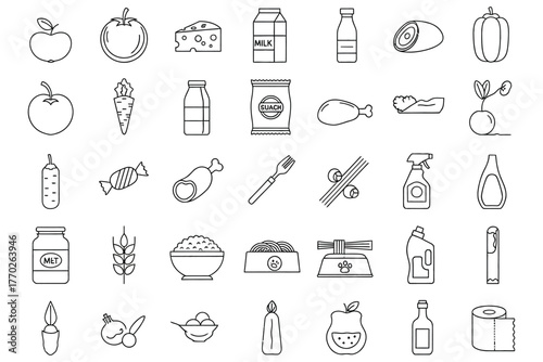 "Icons Representing Food Items, Beverages, and Snacks."