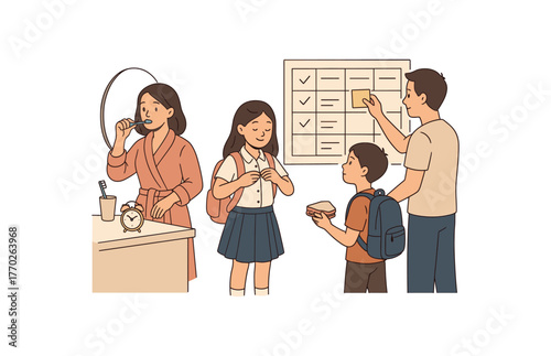 morning school routine getting ready and family organization flat vector illustration style isolated on white background