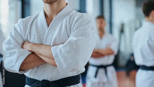 Karate Masters Training With Arms Crossed in a Dojo