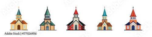 Collection of simple church steeples with colorful spires