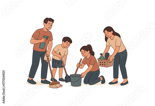 cleaning together home organization and family teamwork flat vector illustration style isolated on white background
