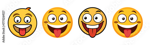 Four crazy grinning emoticons with tongues out expressing joy