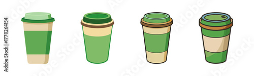 Four green compostable coffee cups with lids displayed side by side