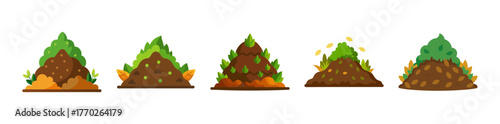 Simple art compost piles with green tops isolated on a