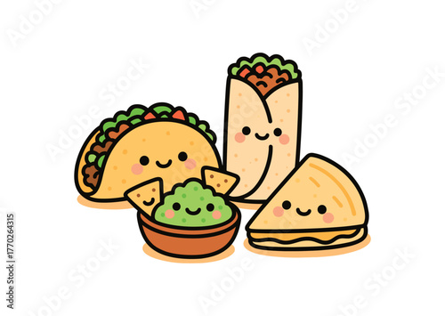 kawaii doodle illustration of Mexican food with cute smiling faces including taco burrito nachos guacamole and quesadilla bold black outline minimal details light orange drop shadow