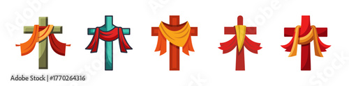 Five draped crosses with colorful ribbons religious symbols