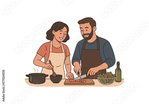 parents cooking dinner together shared household tasks and connection flat vector illustration style isolated on white background