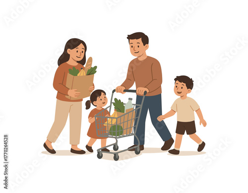 grocery shopping together daily errands and family teamwork flat vector illustration style isolated on white background
