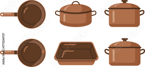 Cast iron cookware, Dutch oven, frying pan, baking dish, brown kitchen tools, ceramic pots, cooking essentials, kitchenware set, vector illustration