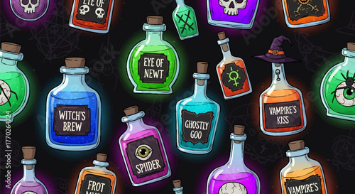 A vibrant pattern of magical potion bottles, featuring spooky elixirs and enchanted concoctions for Halloween witchcraft and alchemy