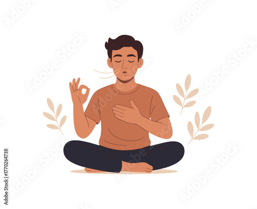 breathing exercise calm mind and stress reduction routine flat vector illustration style isolated on white background