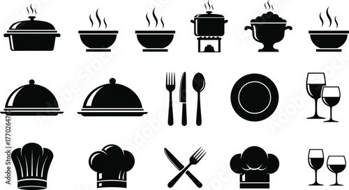 Cooking and dining icons, chef hat, steaming bowl, casserole dish, utensils, wine glass, plate, black vector set, kitchen symbols