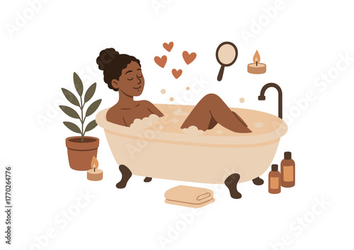relaxing bath self love and restorative evening routine flat vector illustration style isolated on white background