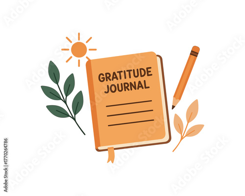 gratitude journal positive mindset and daily reflection habit flat vector illustration style isolated on white background