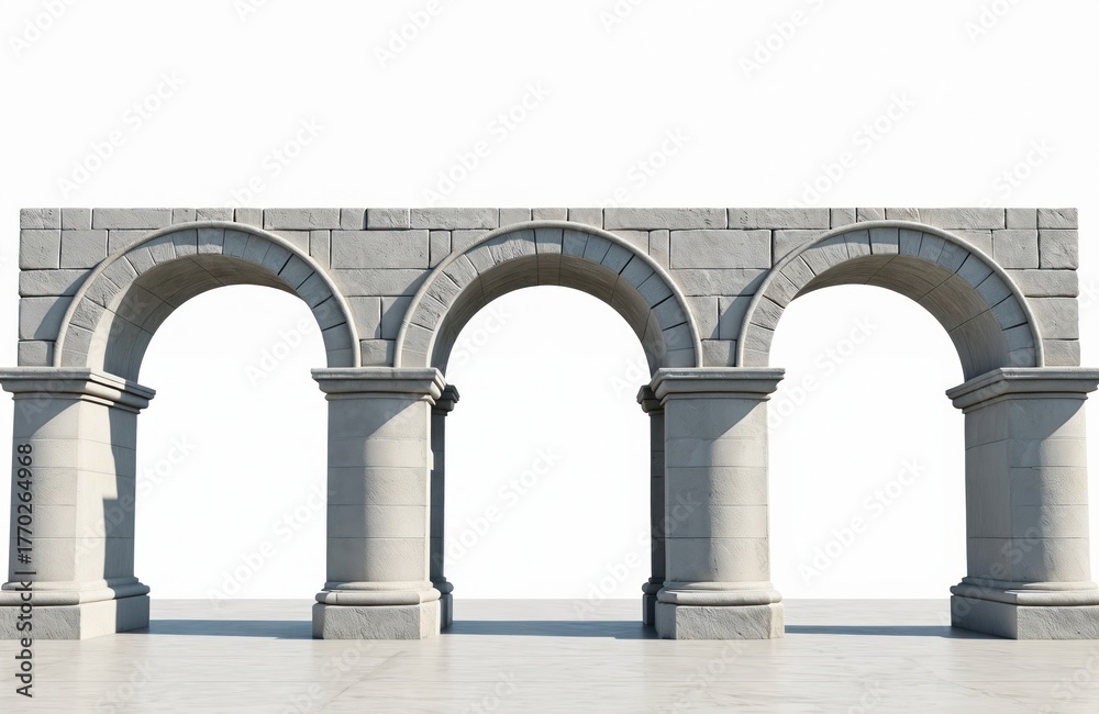 Fototapeta premium Illustration presents stone arcade with arches. Gray structure with pattern on white background. Ancient architectural element with passage, classical roman style design. Perspective view of