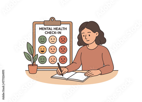 mental health check daily mood tracking and awareness flat vector illustration style isolated on white background