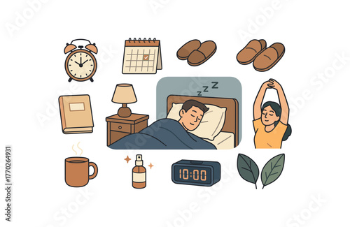 sleep hygiene bedtime routine and restorative rest habits flat vector illustration style isolated on white background