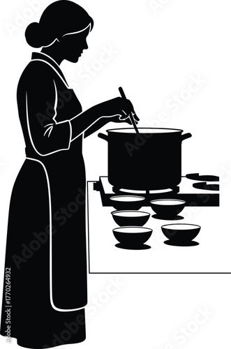 Cooking silhouette, chef at stove, stirring pot, kitchen activity, food preparation, apron figure, domestic life, culinary moment, black vector