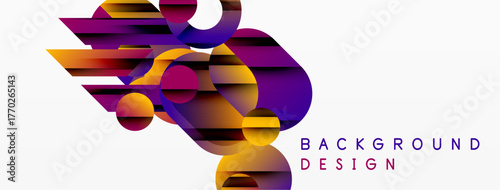 Abstract geometric shapes, vibrant colors, dynamic composition. Modern design elements create visually interesting background.