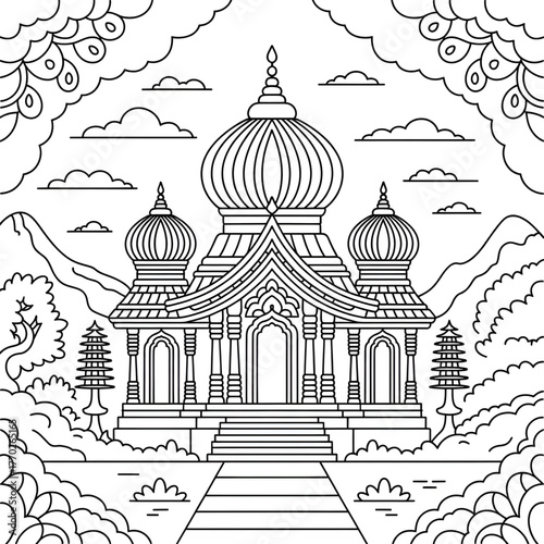 Temple illustration vector style coloring page 