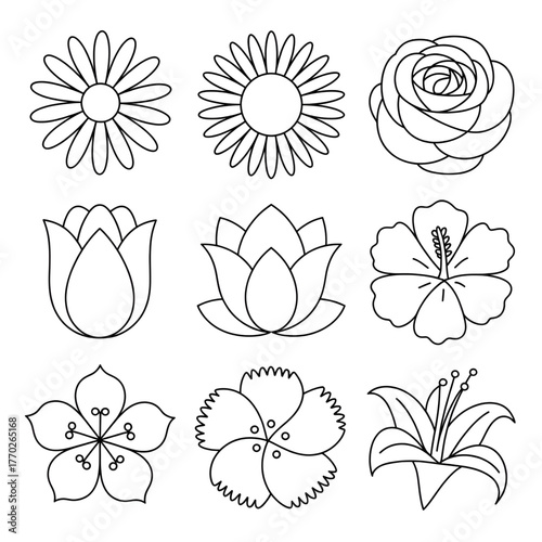 nine different flower designs vector style coloring page 