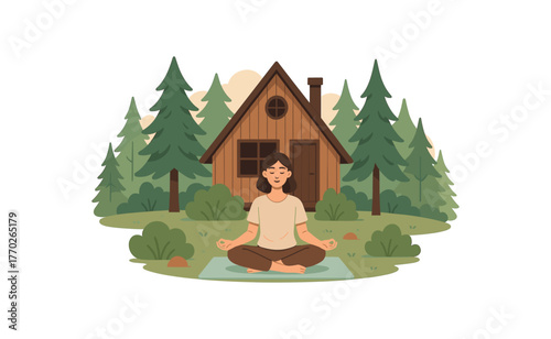 wellness retreat forest cabin rest and mental reset experience flat vector illustration style isolated on white background