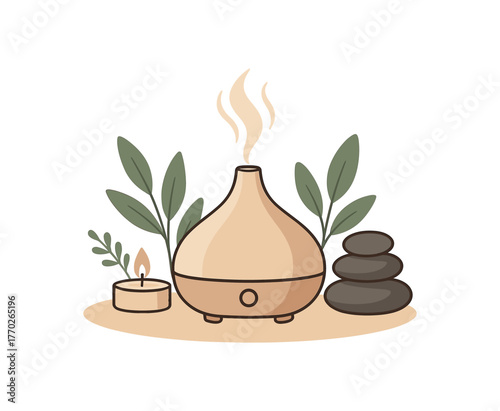 relaxing aromatherapy diffuser calming space and inner balance flat vector illustration style isolated on white background