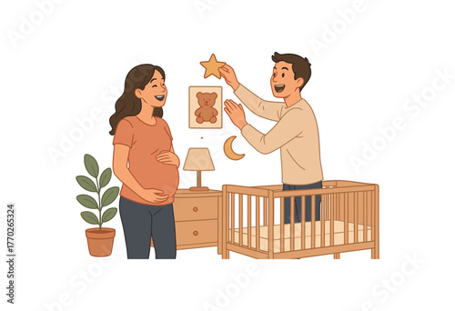 expecting parents decorating nursery preparation and family excitement flat vector illustration style isolated on white background